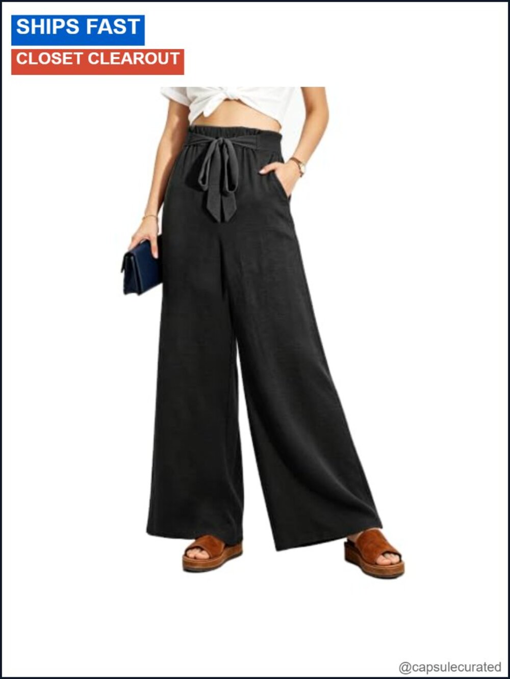Women's Cropped Wide Leg Palazzo Pants High Waist Flowy Trousers with Pockets